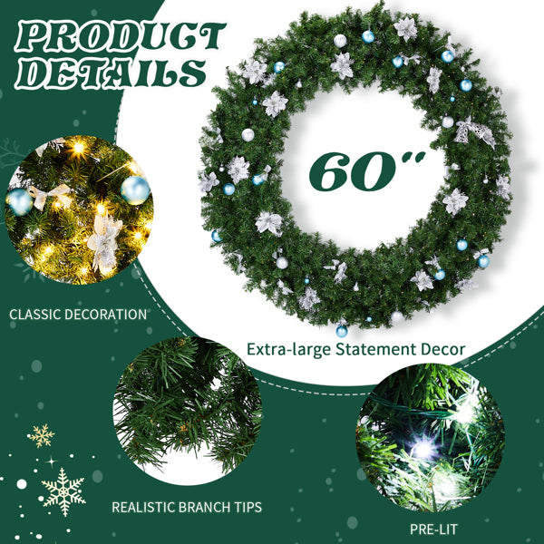 60in Pre-lit Christmas Wreath, Lighted Artificial Xmas Wreath